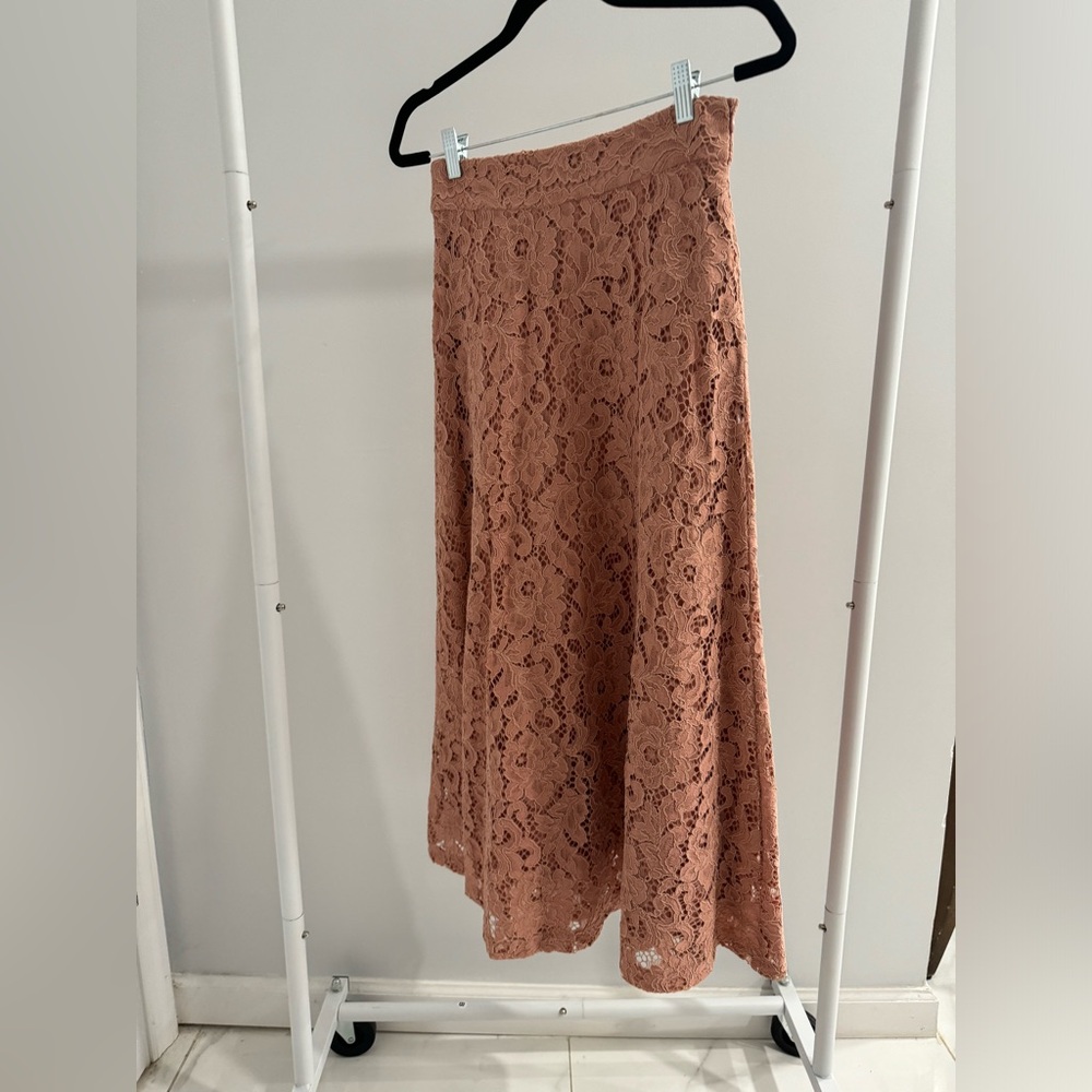 ZARA Beige-Pink/Rose Nude Guipure Lace A-line Midi Skirt - Picture 3 of 9